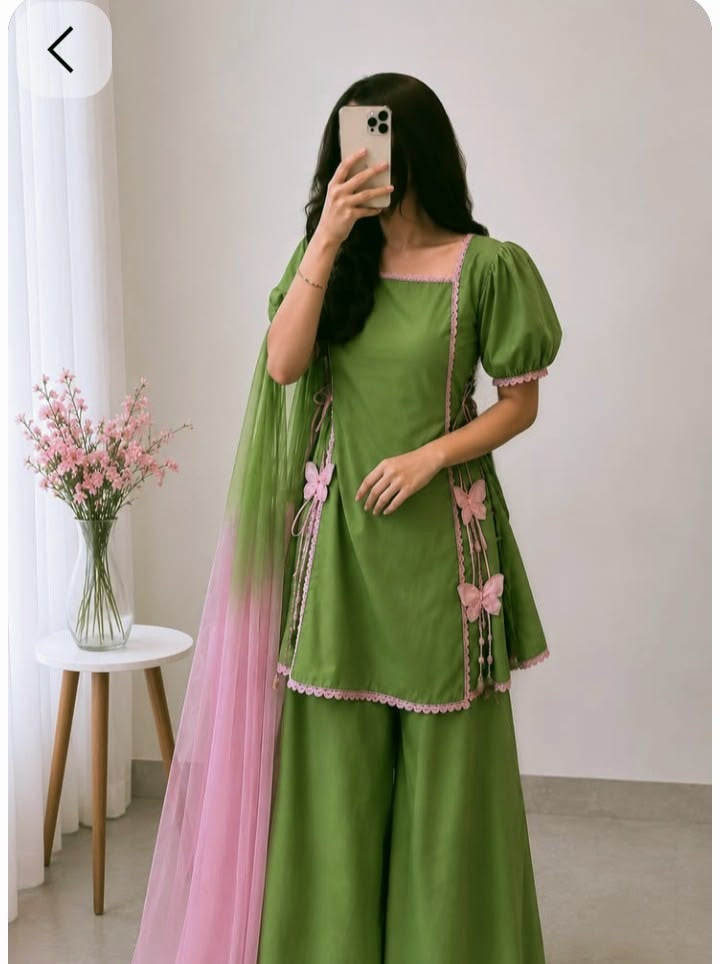 Olive Green Straight Kurta Set with Pink Lace & Butterfly Details
