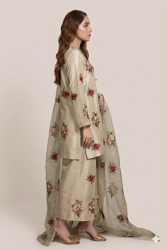 Beige Floral Embroidered Kurta Palazzo Set with Sheer Dupatta