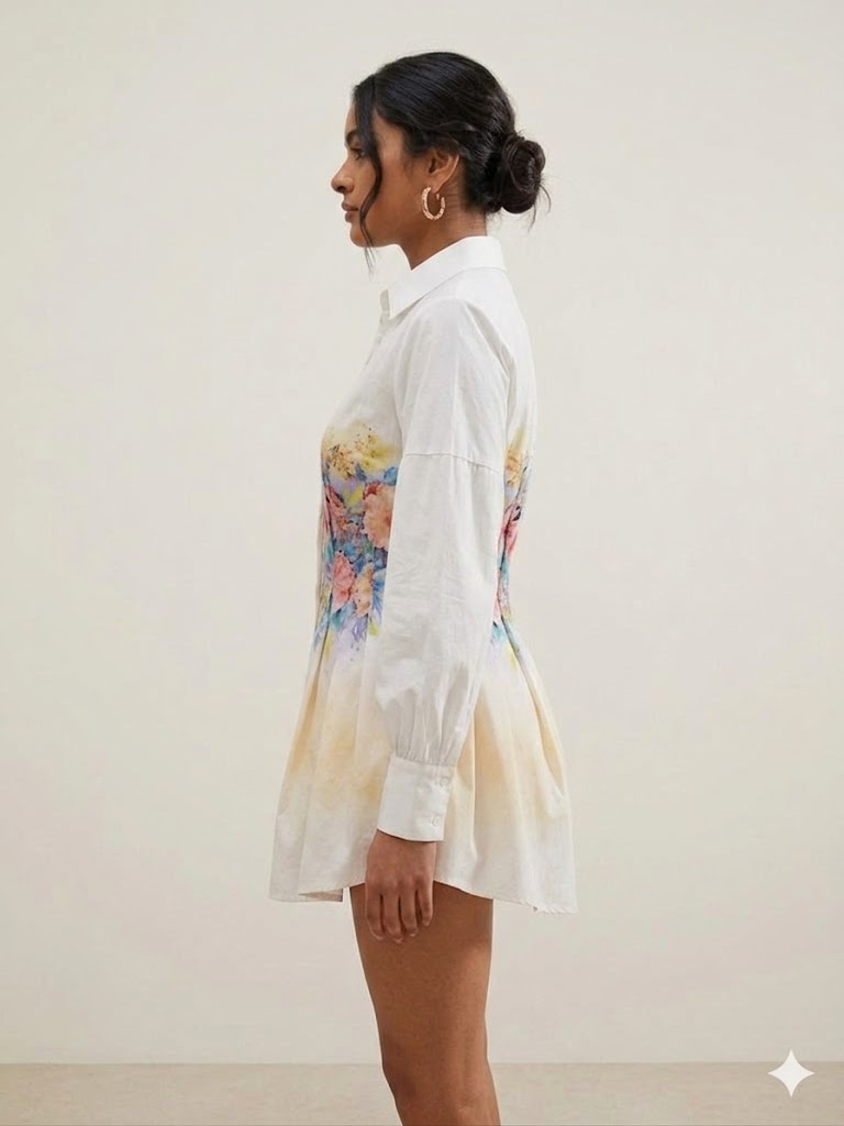 Ivory Floral Art Print Shirt Dress