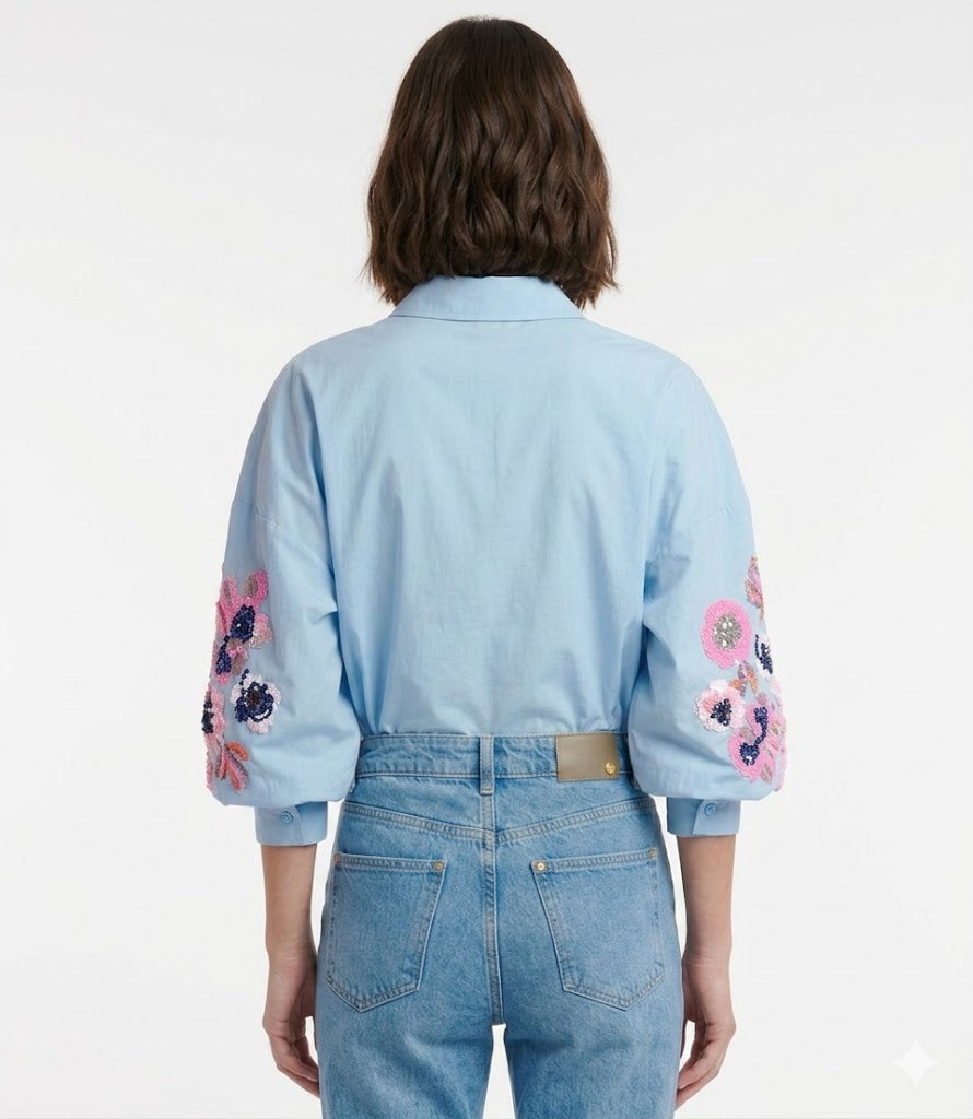 Sky Blue Floral Sequin Embellished Cotton Shirt
