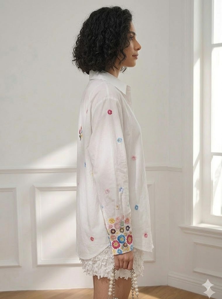 Ivory Bloom Embroidered Cotton Shirt