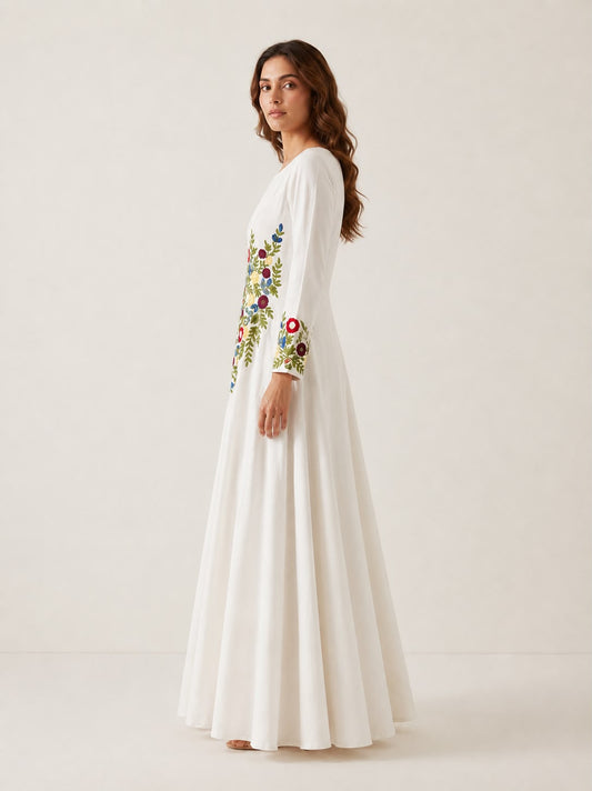 Ivory Bloom Embroidered Cotton Maxi Dress