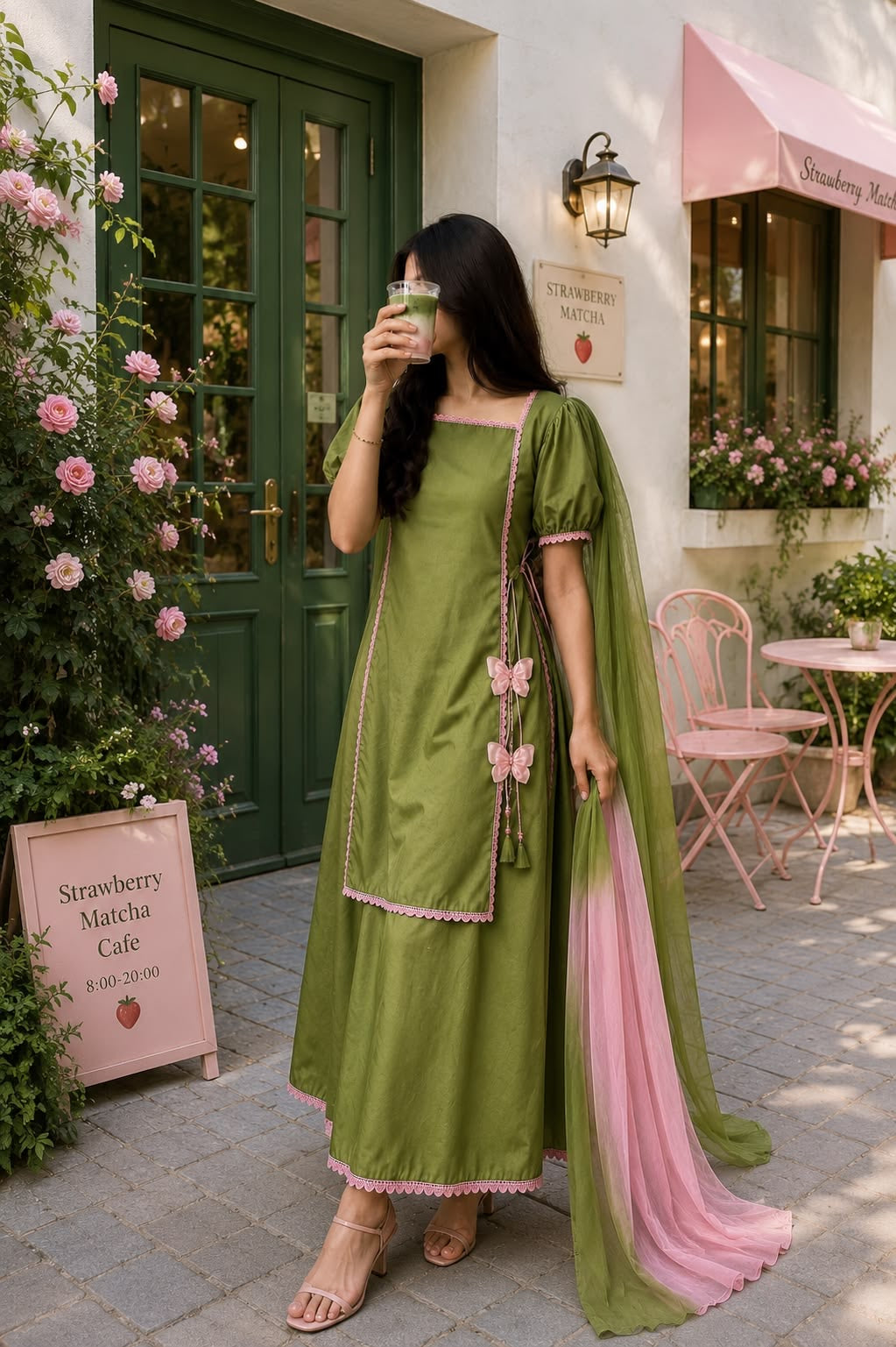 Olive Green Straight Kurta Set with Pink Lace & Butterfly Details