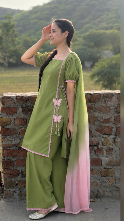 Olive Green Straight Kurta Set with Pink Lace & Butterfly Details