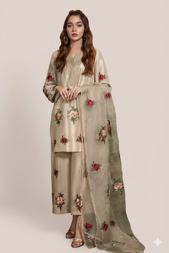 Beige Floral Embroidered Kurta Palazzo Set with Sheer Dupatta