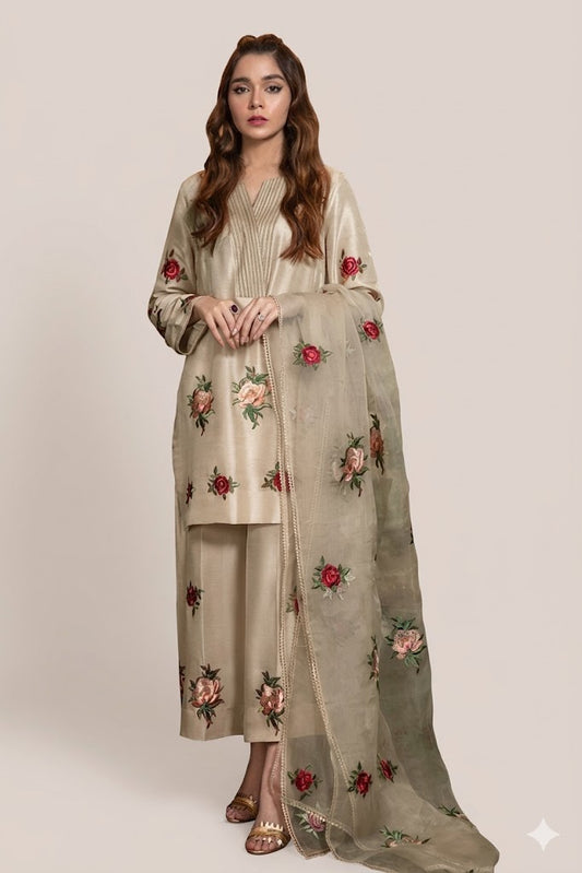 Beige Floral Embroidered Kurta Palazzo Set with Sheer Dupatta