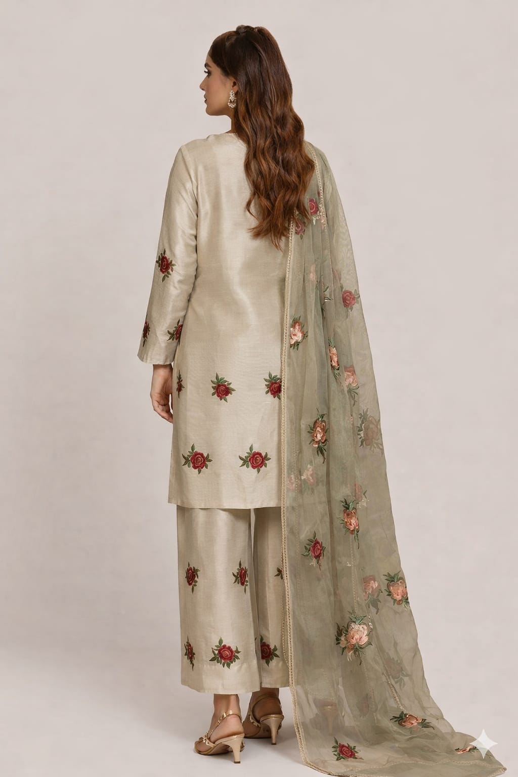 Beige Floral Embroidered Kurta Palazzo Set with Sheer Dupatta