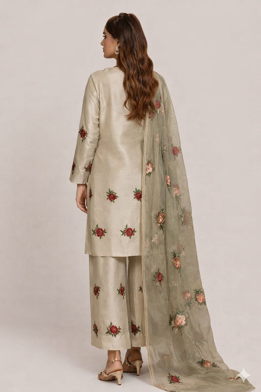 Beige Floral Embroidered Kurta Palazzo Set with Sheer Dupatta