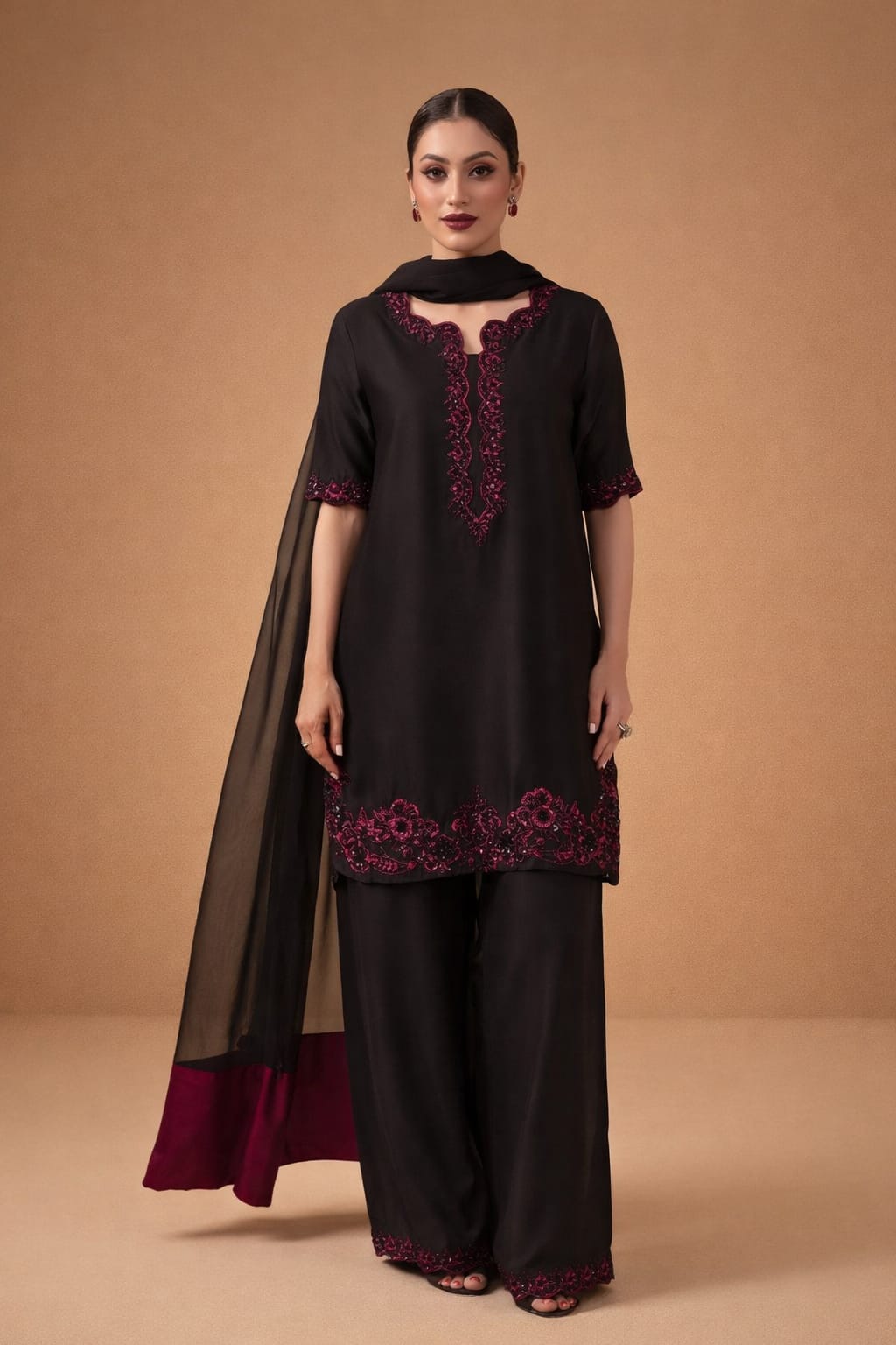 Black & Pink Embroidered Elegance Suit Se
