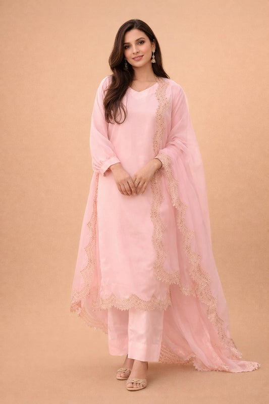 Blush Pink Embroidered Kurta Set with Dupatta