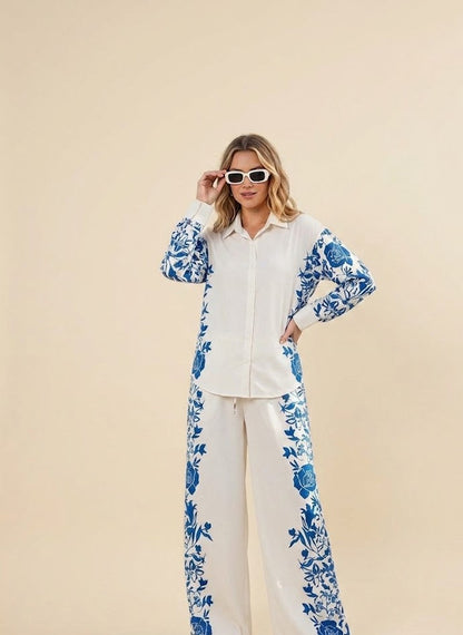 Ivory & Blue Floral Print Co-Ord Set