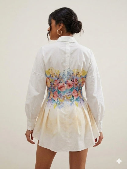 Ivory Floral Art Print Shirt Dress
