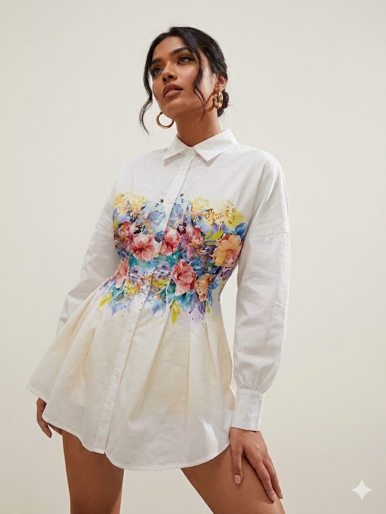 Ivory Floral Art Print Shirt Dress