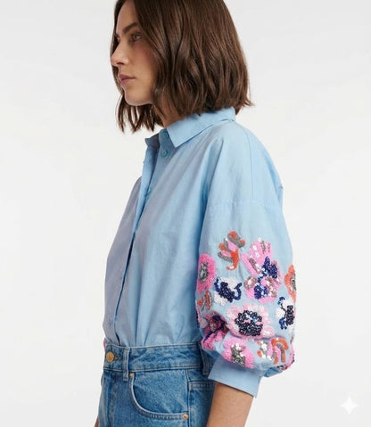 Sky Blue Floral Sequin Embellished Cotton Shirt