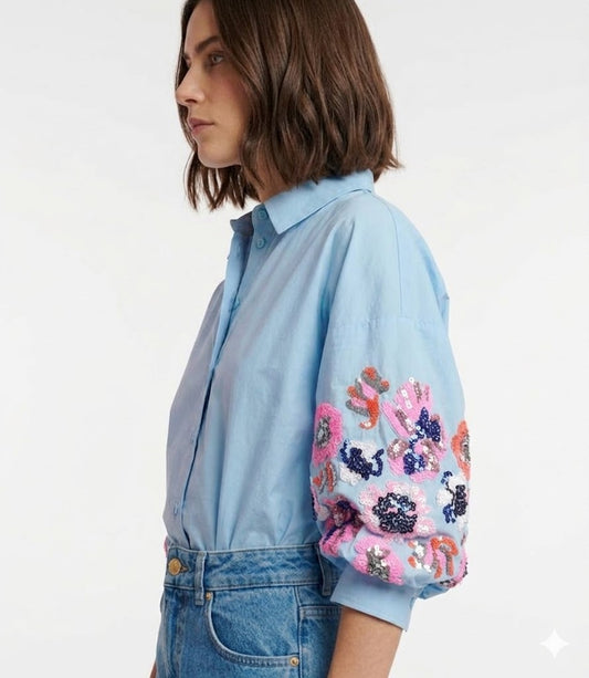 Sky Blue Floral Sequin Embellished Cotton Shirt