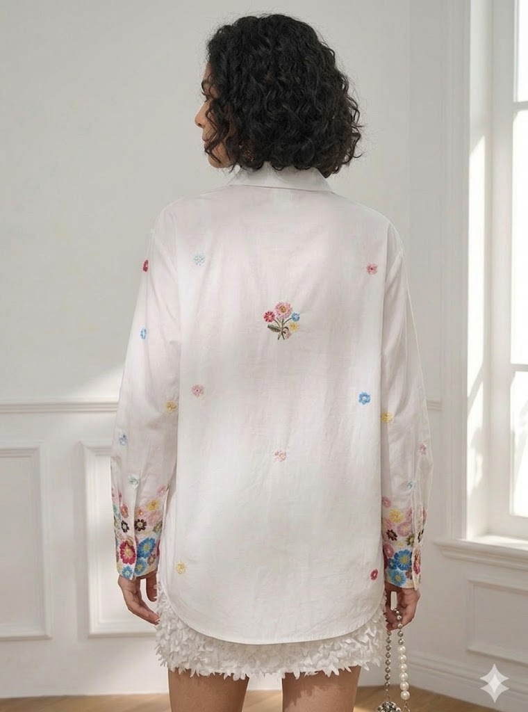Ivory Bloom Embroidered Cotton Shirt