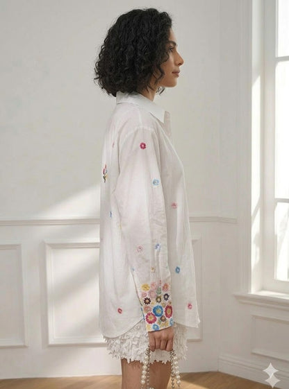 Ivory Bloom Embroidered Cotton Shirt