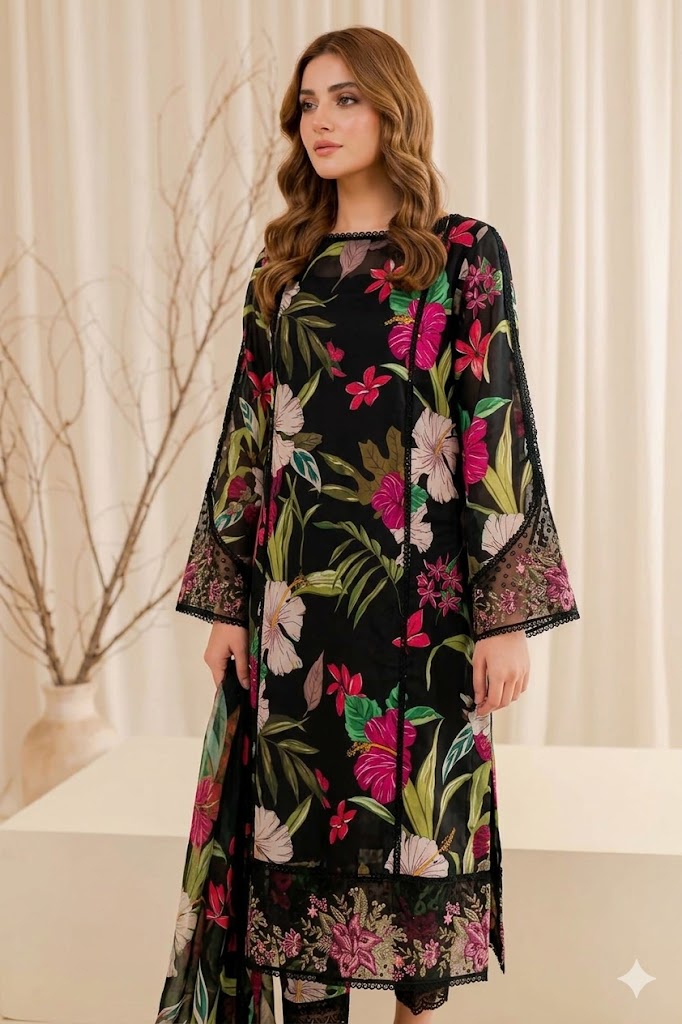 Midnight Bloom Printed 3 Piece Suit Set