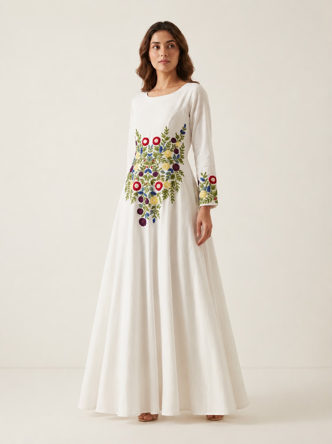 Ivory Bloom Embroidered Cotton Maxi Dress