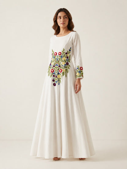 Ivory Bloom Embroidered Cotton Maxi Dress