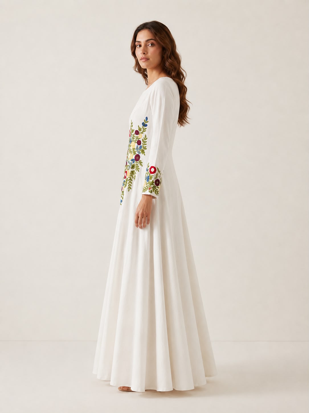 Ivory Bloom Embroidered Cotton Maxi Dress