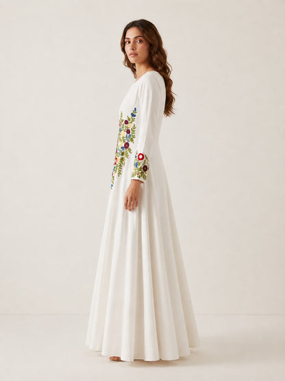 Ivory Bloom Embroidered Cotton Maxi Dress