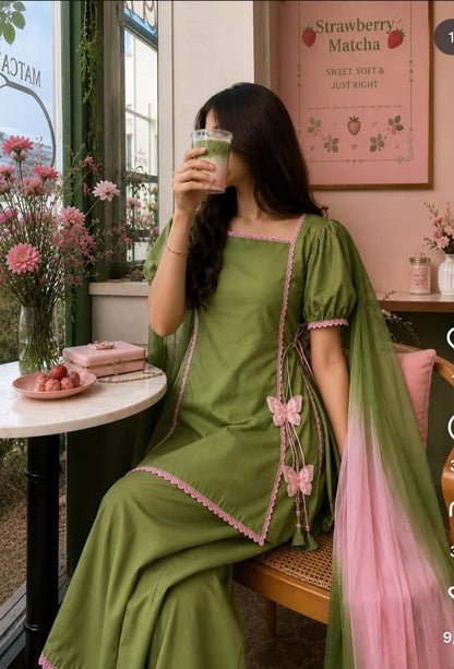 Olive Green Straight Kurta Set with Pink Lace & Butterfly Details