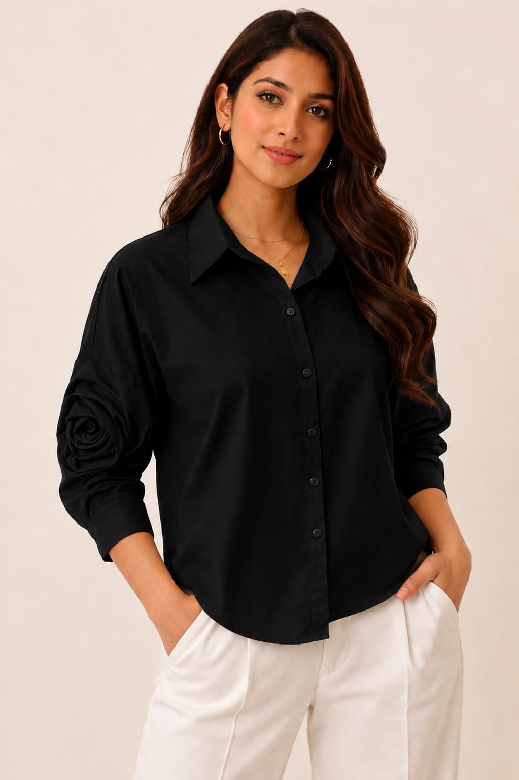 Rose Sleeve Oversized Cotton Shirt